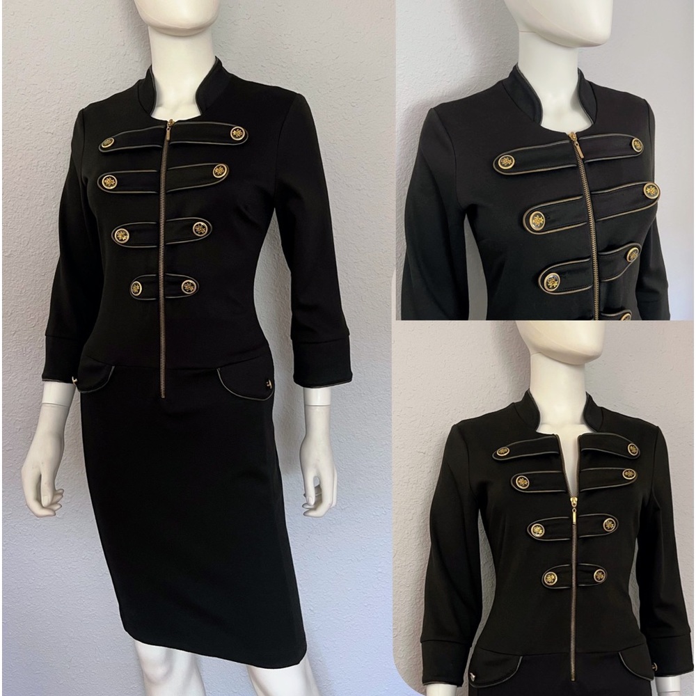 NWT WOMEN KNEE-LENGTH DRESS 3/4‎ SLEEVES MILITARY STYLE STAND-UP COLLAR BLACK